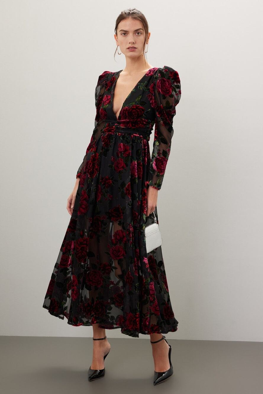 RACHEL PARCELL Black Red Floral Burnout A-Line Plunge Neckline Dress Size 0